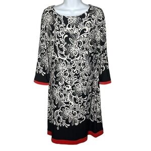 Eliza J Size 6 Dress Shift Jersey Stretch 3/4 Sleeve Black White Floral Print